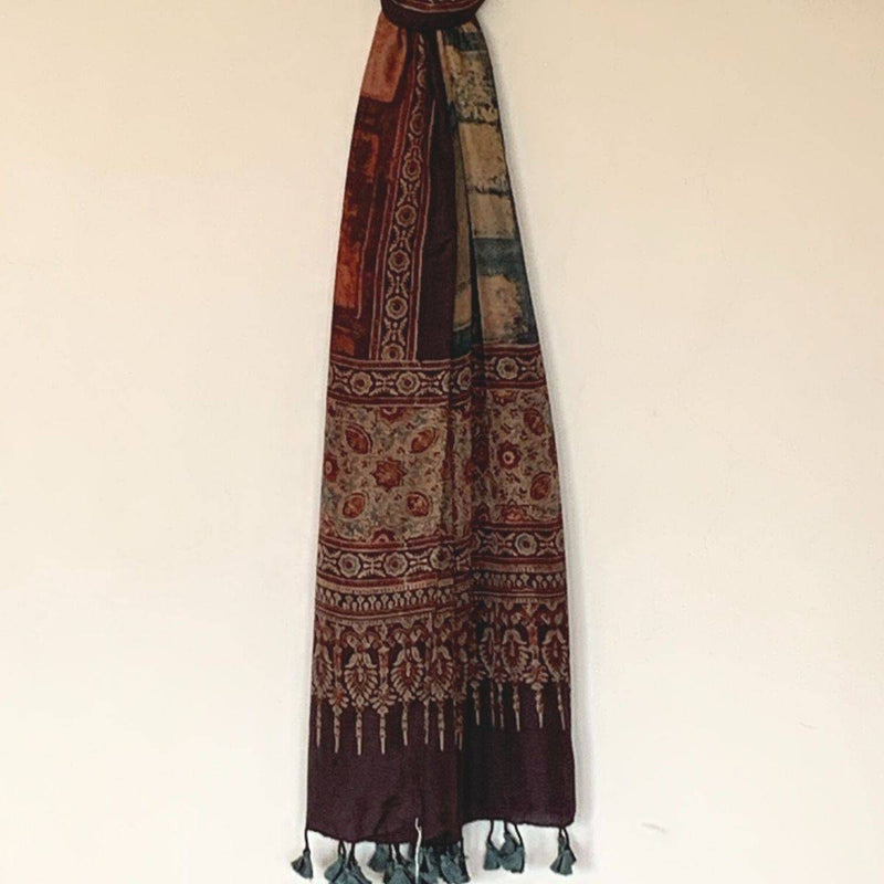 Buy Boho Style Mulberry Silk - Ajrakh Printed Stole | Shop Verified Sustainable Products on Brown Living
