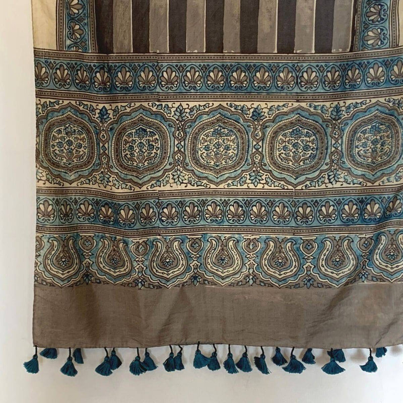 Buy Boho Style Mulberry Silk Natural Indigo and Madder Ajrakh Printed Stole | Shop Verified Sustainable Products on Brown Living
