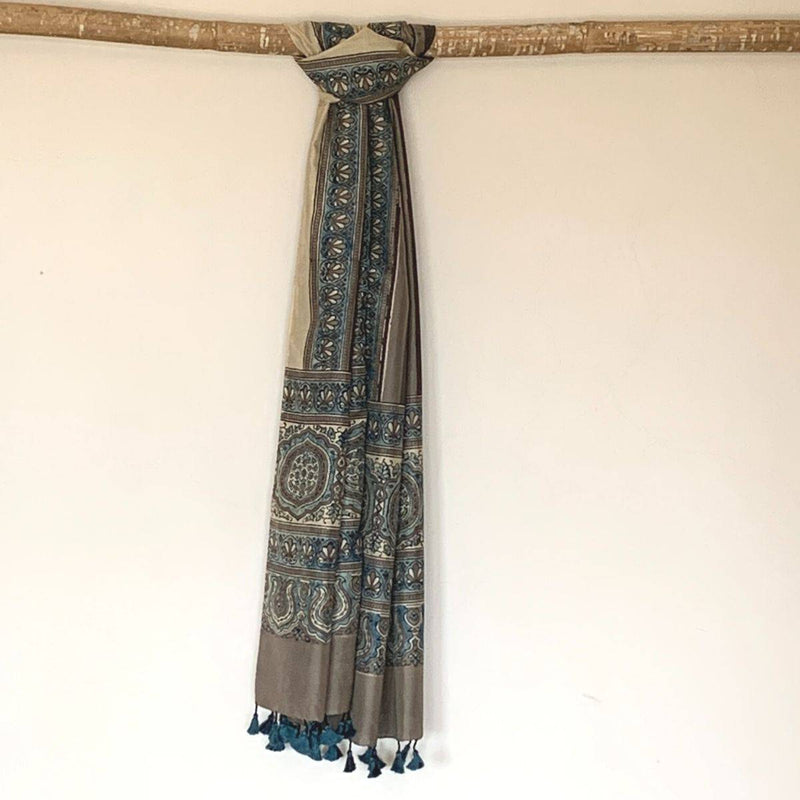 Buy Boho Style Mulberry Silk Natural Indigo and Madder Ajrakh Printed Stole | Shop Verified Sustainable Products on Brown Living