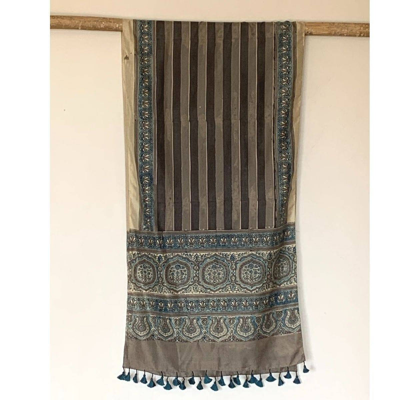 Buy Boho Style Mulberry Silk Natural Indigo and Madder Ajrakh Printed Stole | Shop Verified Sustainable Products on Brown Living