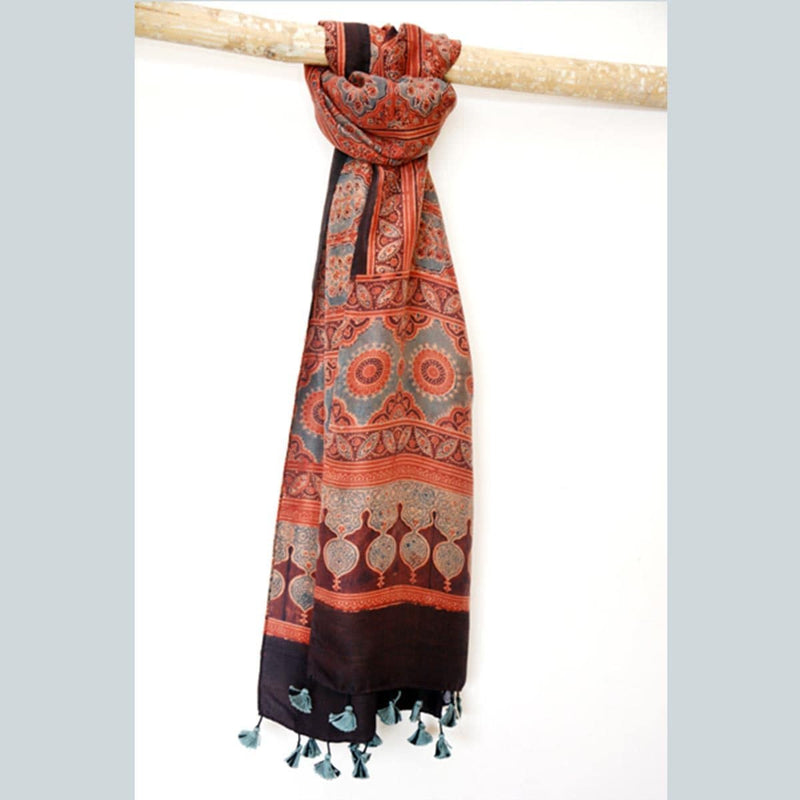 Buy Boho Style Mulberry Silk Natural Indigo and Madder Ajrakh Printed Stoles | Shop Verified Sustainable Products on Brown Living