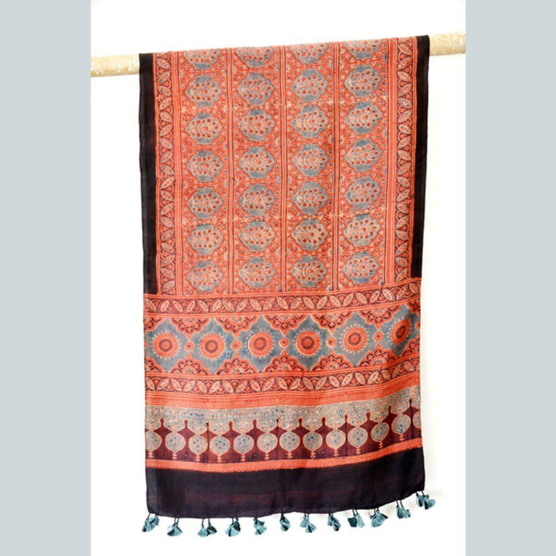 Buy Boho Style Mulberry Silk Natural Indigo and Madder Ajrakh Printed Stoles | Shop Verified Sustainable Products on Brown Living