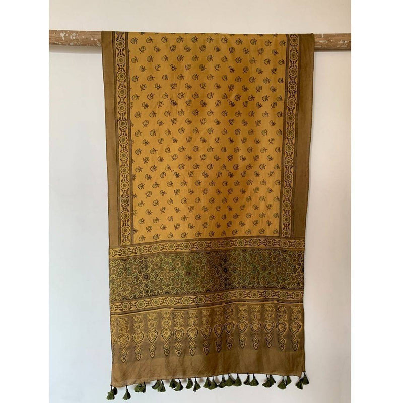 Buy Boho Style Mulberry Silk Natural Indigo, Madder and Black Ajrakh Printed Stole | Shop Verified Sustainable Products on Brown Living