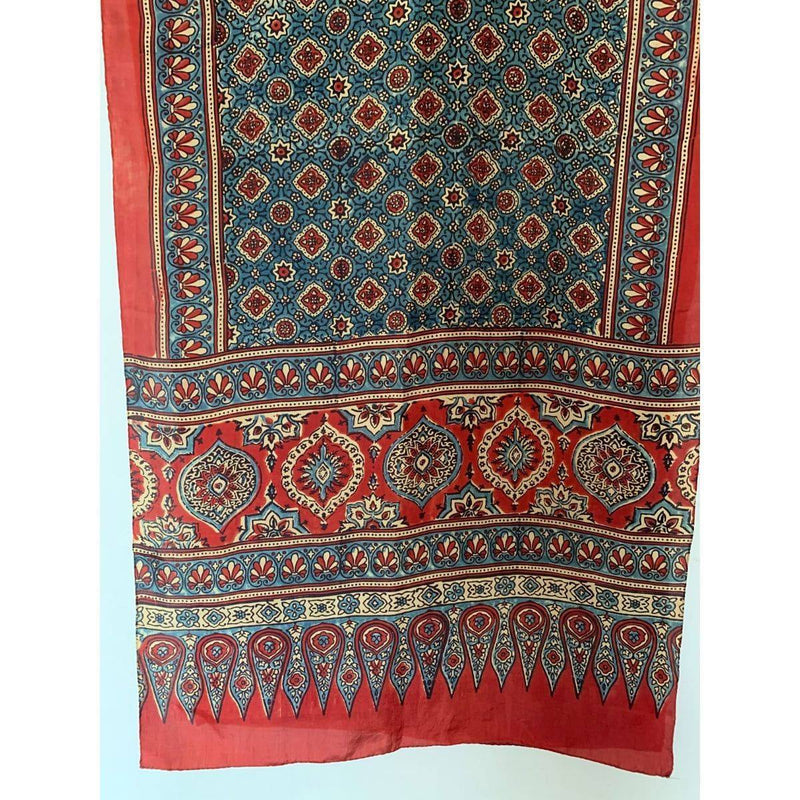 Buy Boho Style Mulberry Silk Natural Madder and Indigo Ajrakh Printed Stole | Shop Verified Sustainable Products on Brown Living