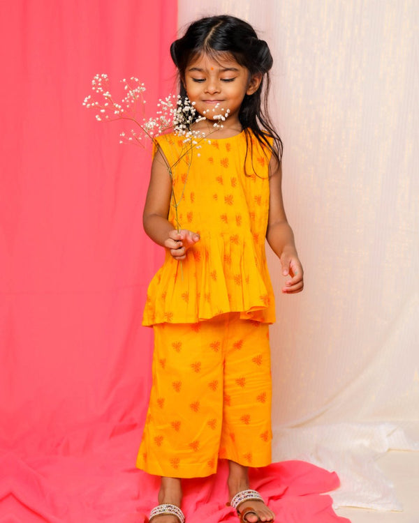 Buy Bouin Pleated Co-Ord Set with Culottes | Yellow | Shop Verified Sustainable Kids Ethnic Sets on Brown Living™
