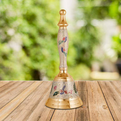 Brass Puja Bell for Home Mandir - Colourful Jingle Bell - 7" inch Tall – Pooja Needs on Brown Living™. SKU: 1213. Img 1.