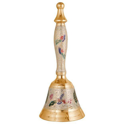 Brass Puja Bell for Home Mandir - Colourful Jingle Bell - 7" inch Tall – Pooja Needs on Brown Living™. SKU: 1213. Img 2.
