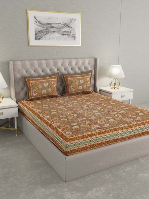 Buy Brown Floral Hand Printed Pure Cotton King Size Bedding Set | Shop Verified Sustainable Bedding on Brown Living™