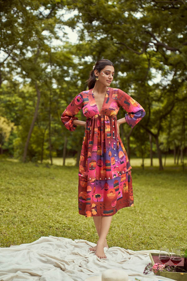 By The Sunset- Printed Detachable Bemberg Satin Dress | Verified Sustainable Womens Dress on Brown Living™