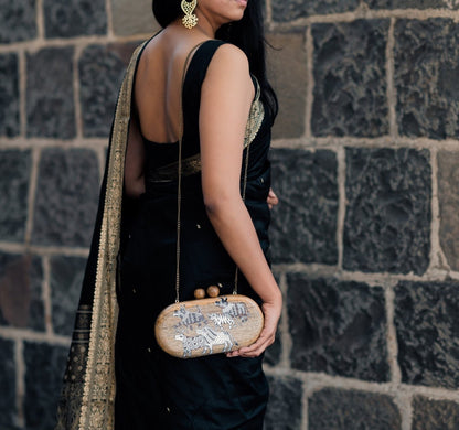 Capsule Maveshi Clutch | Mata Ni Pachedi on Indian Mango Wood | Verified Sustainable by Brown Living™