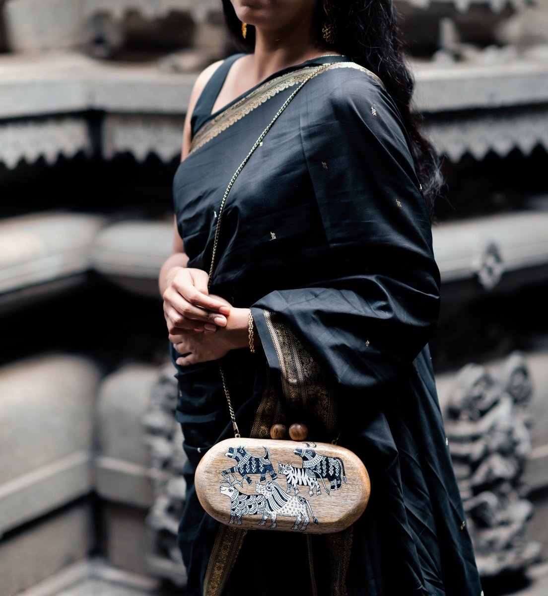 Capsule Maveshi Clutch | Mata Ni Pachedi on Indian Mango Wood | Verified Sustainable by Brown Living™