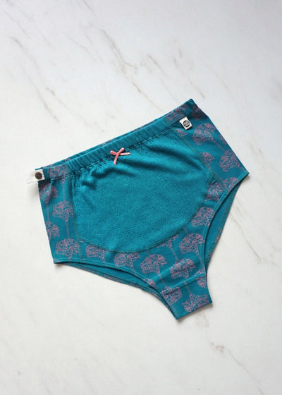 Carnation Biowashed Organic Cotton Maternity Brief – Womens Underwear on Brown Living™. SKU: 005/BA/TEAL/AOP_24BL10631. Img 1.