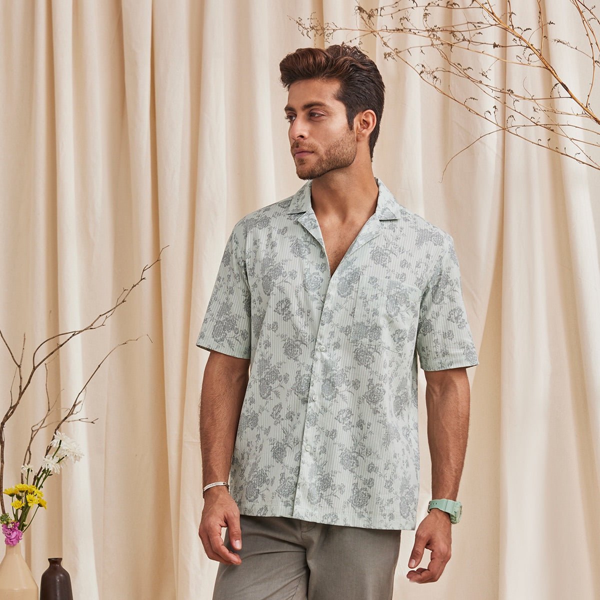 Cedar Organic Cotton Printed Half Sleeve Shirt - Pistachio | Verified Sustainable by Brown Living™