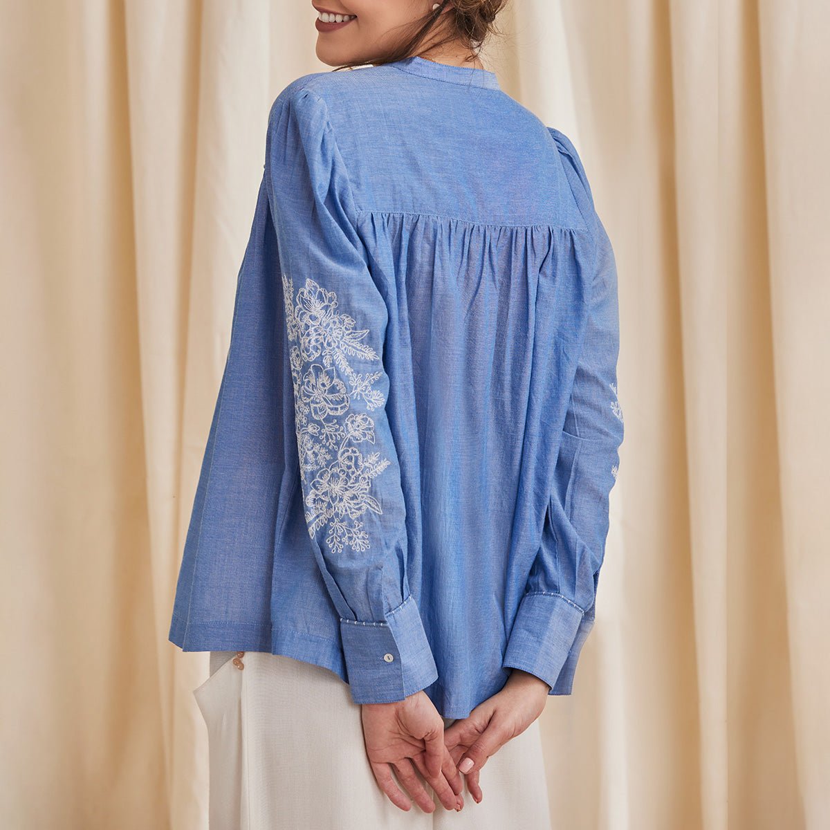 Celine - Organic Cotton Blouse with Embroidery - Blue | Verified Sustainable by Brown Living™