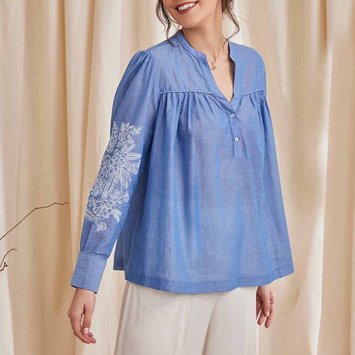 Celine - Organic Cotton Blouse with Embroidery - Blue | Verified Sustainable by Brown Living™