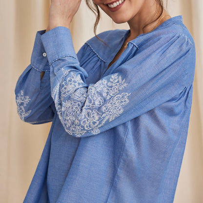 Celine - Organic Cotton Blouse with Embroidery - Blue | Verified Sustainable by Brown Living™