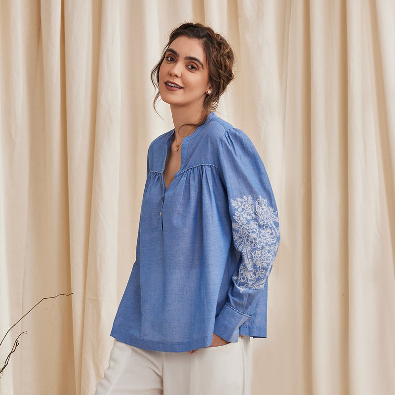 Buy Celine - Organic Cotton Blouse with Embroidery - Blue | Shop Verified Sustainable Products on Brown Living