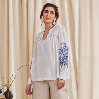 Celine - Organic Cotton Blouse with Embroidery - White | Verified Sustainable by Brown Living™