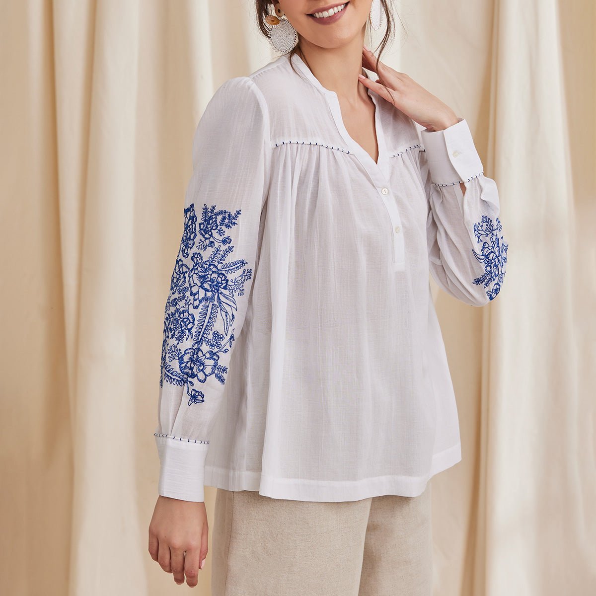 Celine - Organic Cotton Blouse with Embroidery - White | Verified Sustainable by Brown Living™