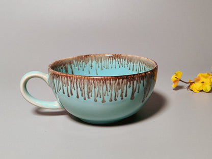 Ceramic Handcrafted Light Blue and Golden Kettle and Cup Set | Set of 1 | Verified Sustainable by Brown Living™