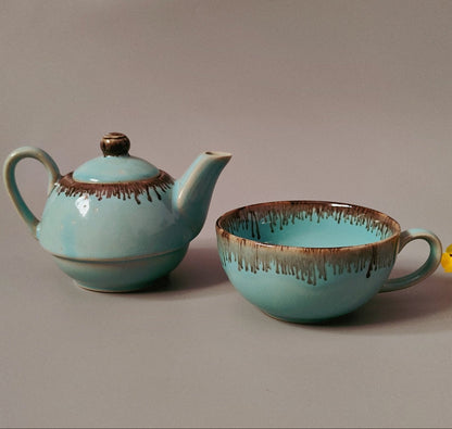 Ceramic Handcrafted Light Blue and Golden Kettle and Cup Set | Set of 1 | Verified Sustainable by Brown Living™