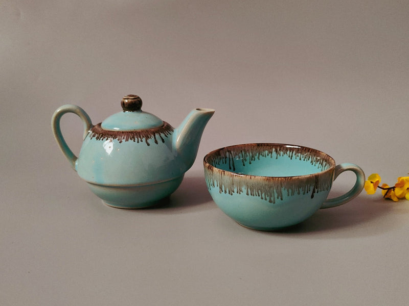 Ceramic Handcrafted Light Blue and Golden Kettle and Cup Set | Set of 1 | Verified Sustainable Cups & Saucers on Brown Living™