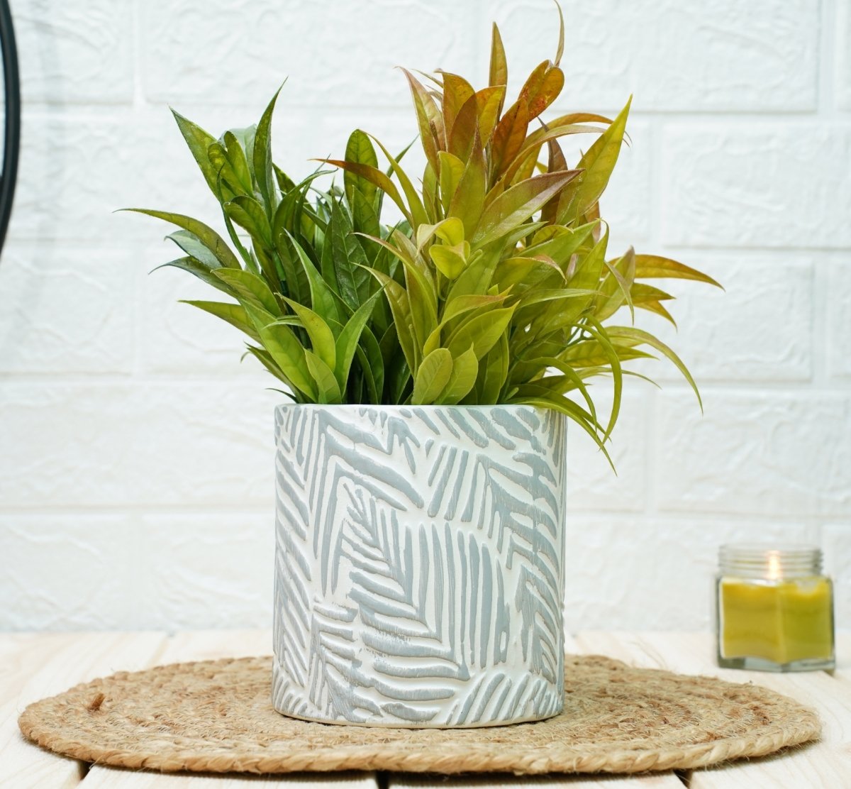 Ceramic Pots For Indoor Plants 14 X 15 Cm (Grey Leaf) | Verified Sustainable by Brown Living™