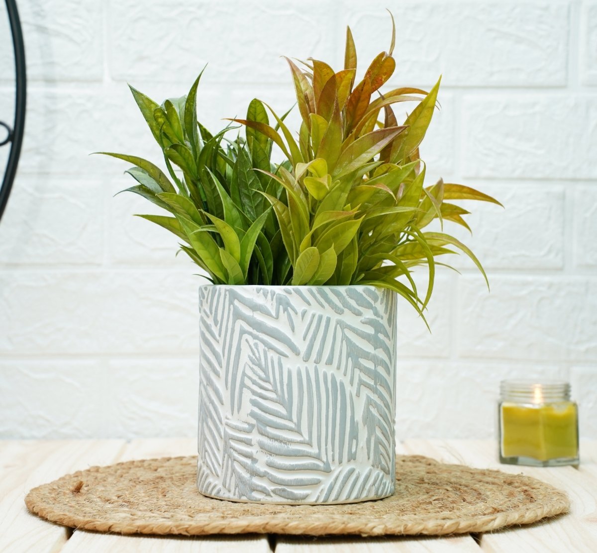 Ceramic Pots For Indoor Plants 14 X 15 Cm (Grey Leaf) | Verified Sustainable by Brown Living™