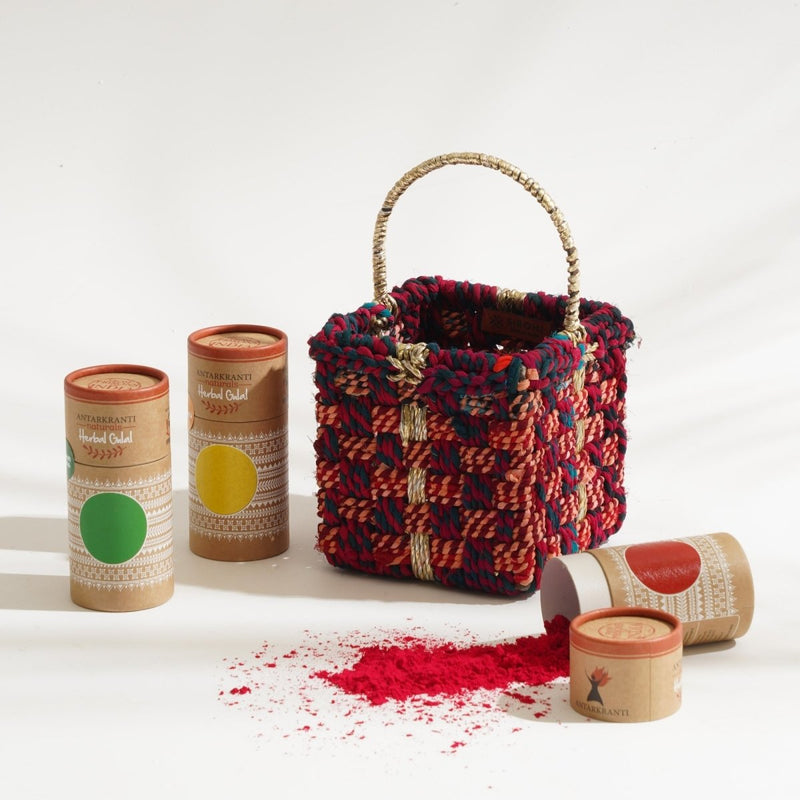 Buy Cerise Holi Gift Hamper | Set of 4 | Handcrafted Basket | Organic Colors | Shop Verified Sustainable Products on Brown Living