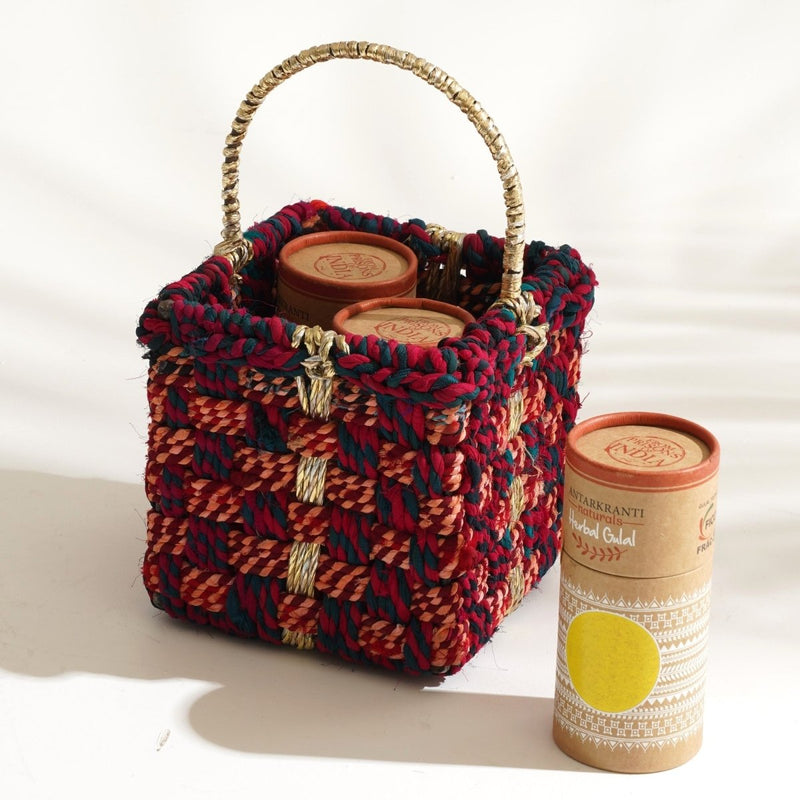 Buy Cerise Holi Gift Hamper | Set of 4 | Handcrafted Basket | Organic Colors | Shop Verified Sustainable Gift on Brown Living™