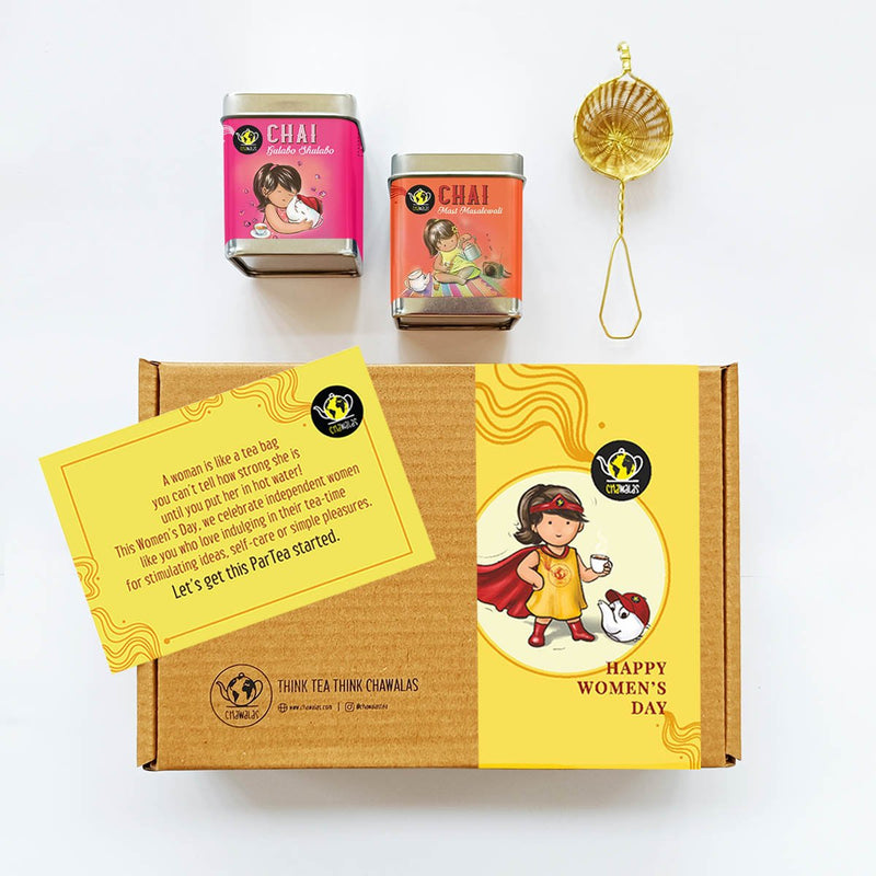 Chai Bina Chain Kaha Re - Women's Day(Two Flavours of Indian Tea Gift Box) |Best Gift Hamper for Wife, Girlfriend and Women |Perfect for Every Relationship |Spicy Tea |Black Tea |Strong Chai |Handmade with Love |50gmsX2 Tin with Strainer | Verified Sustainable Tea on Brown Living™