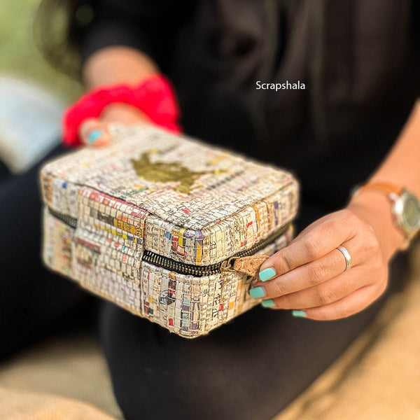 Buy Jewellery Organizer Box | Space Saver | Metal Zipper Closer | Upcycled Newspaper | Handloom Textile | Shop Verified Sustainable Organisers on Brown Living™