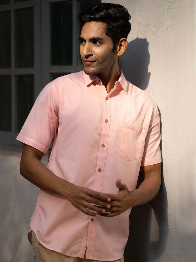 Buy Charm Pink Half Sleeve Shirt in TENCEL™ Lyocell Linen | Shop Verified Sustainable Mens Shirt on Brown Living™