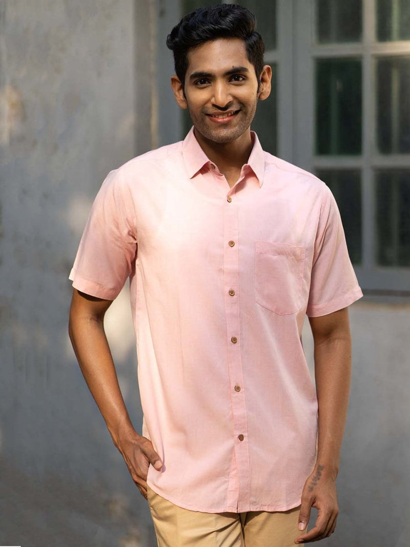 Buy Charm Pink Half Sleeve Shirt in TENCEL™ Lyocell Linen | Shop Verified Sustainable Mens Shirt on Brown Living™