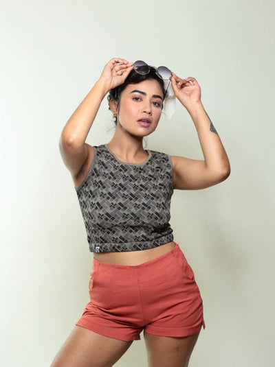 Checkered GOTS Certified Organic Cotton Crop Top – Womens Top on Brown Living™. SKU: 007/Crop/Walnut/AOP_24BL10643. Img 1.