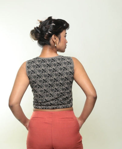 Checkered GOTS Certified Organic Cotton Crop Top – Womens Top on Brown Living™. SKU: 007/Crop/Walnut/AOP_24BL10643. Img 3.