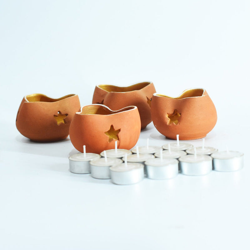 Buy Chirag 3 Terracotta Candle Holder- Set Of 4 with Free Tealights | Shop Verified Sustainable Products on Brown Living