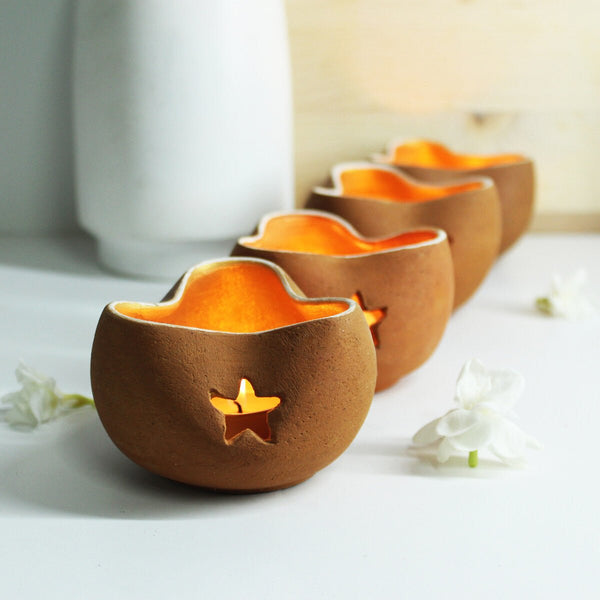 Buy Chirag 3 Terracotta Candle Holder- Set Of 4 with Free Tealights | Shop Verified Sustainable Products on Brown Living