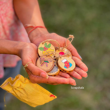 Christmas Ornaments Pack | Multipurpose | Reusable | Handpainted | Natural Wood | Scrapshala | Verified Sustainable by Brown Living™