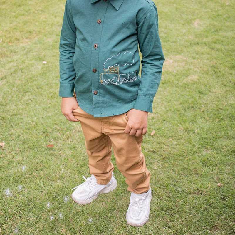 Buy Chuk Chuk Embroidered Formal Shirt- Bottle Green | Shop Verified Sustainable Kids Shirts on Brown Living™