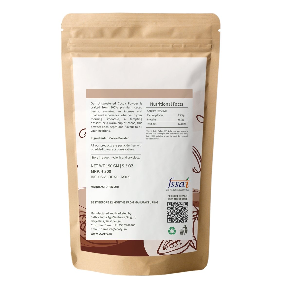 Cocoa Powder | Unsweetened | Perfect for Baking | 150g | Verified Sustainable by Brown Living™