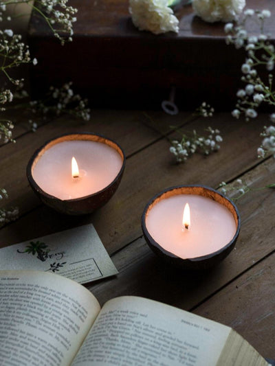 Coconut Shell Eco - Friendly Candle/Diya (set of 2 Coconut Scented Candle) – Candles & Fragrances on Brown Living™. SKU: 173 - 05700 - thenga - coconut - shell - candle - diya - set - of - 2 - coc. Img 1.