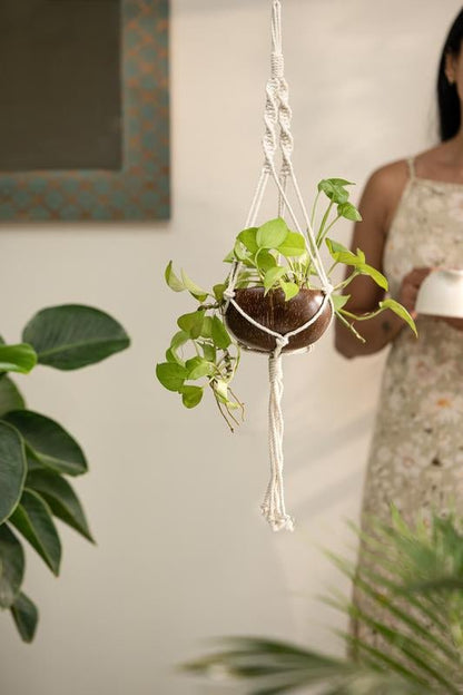Coconut Shell Macrame Plant Hanger for Indoor & Out door | Verified Sustainable by Brown Living™