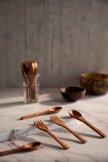 Coconut Wood Spoon & Fork 2 Spoon + 2 Fork Eco Friendly, Natural & Handmade | Verified Sustainable by Brown Living™