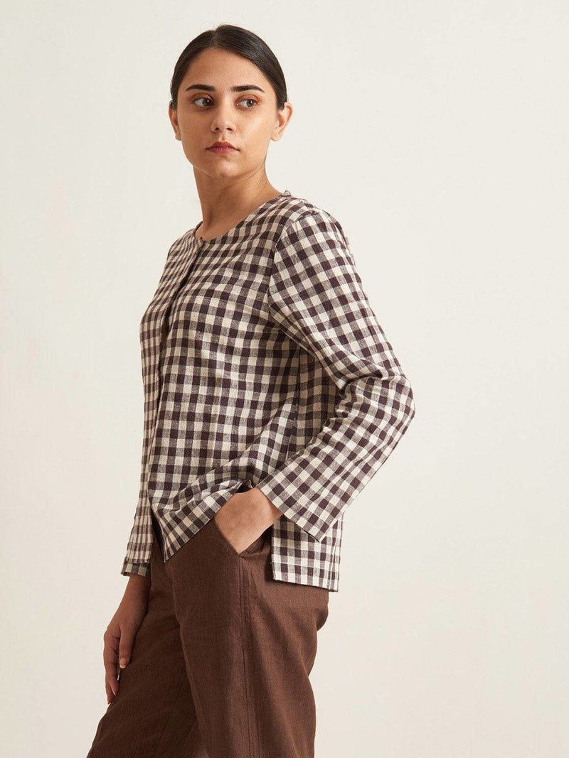 Buy Collarless Checkered Shirt - Brown Checkered | Shop Verified Sustainable Womens Shirt on Brown Living™
