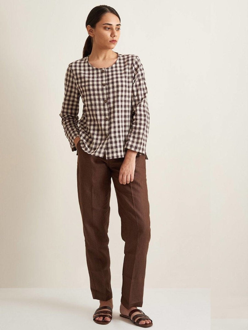 Buy Collarless Checkered Shirt - Brown Checkered | Shop Verified Sustainable Womens Shirt on Brown Living™