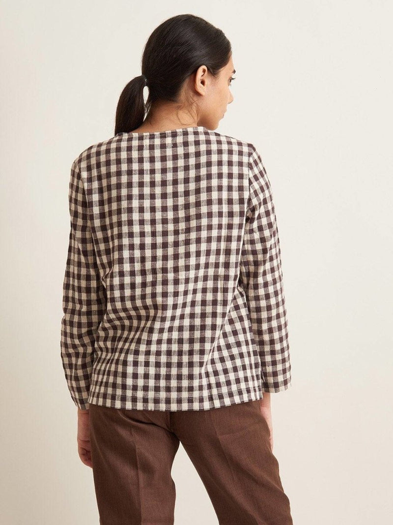 Buy Collarless Checkered Shirt - Brown Checkered | Shop Verified Sustainable Products on Brown Living