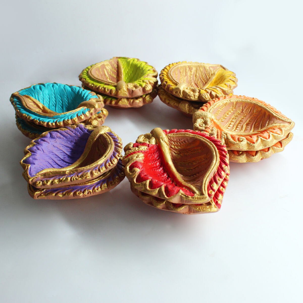 Colourful Motiff Diwali Diya (Design1) - Set of 12 Diyas & Cotton Wicks | Verified Sustainable by Brown Living™