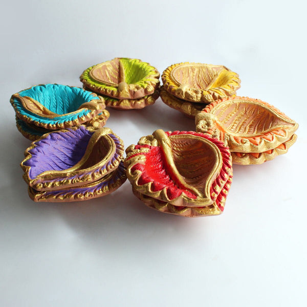 Buy Colourful Motiff Diwali Diya (Design1)- Set of 12 Diyas & Cotton Wicks | Shop Verified Sustainable Lamps & Lighting on Brown Living™