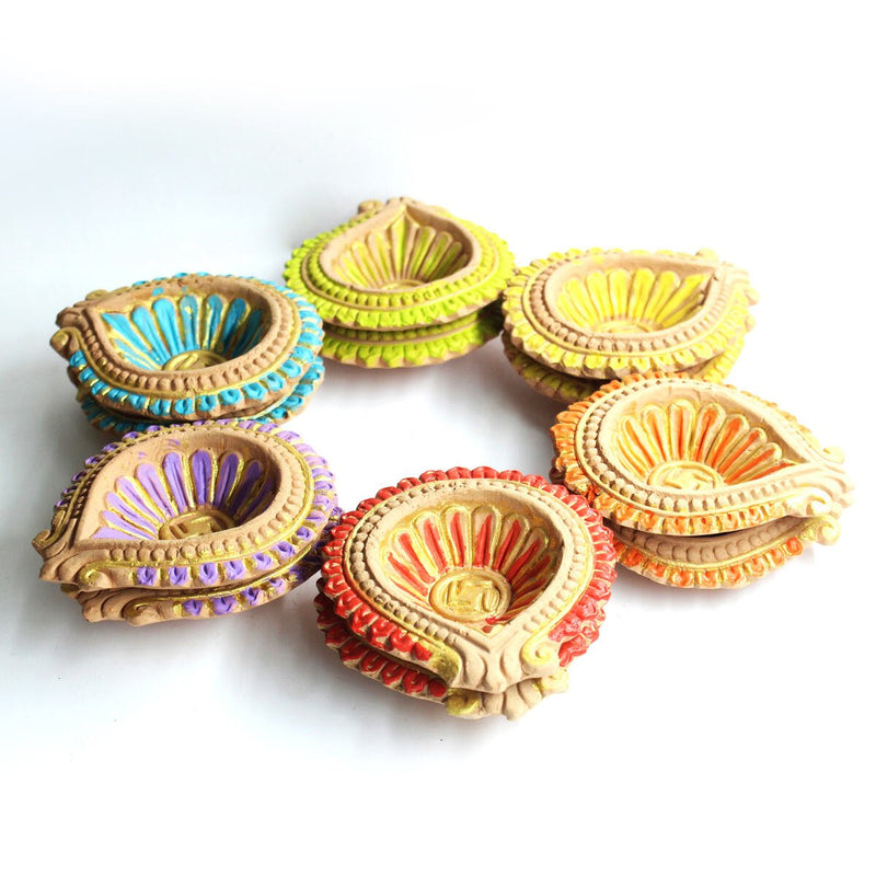 Buy Colourful Motiff Diya (Design2)- Diwali Special - Set of 12 Diyas & Cotton Wicks | Shop Verified Sustainable Products on Brown Living